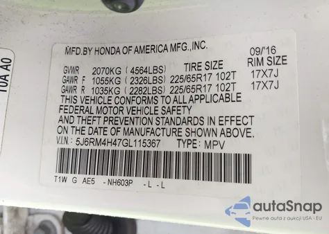 2016 Honda Cr-V Se from USA, damaged, VIN 5J6RM4H47GL115367